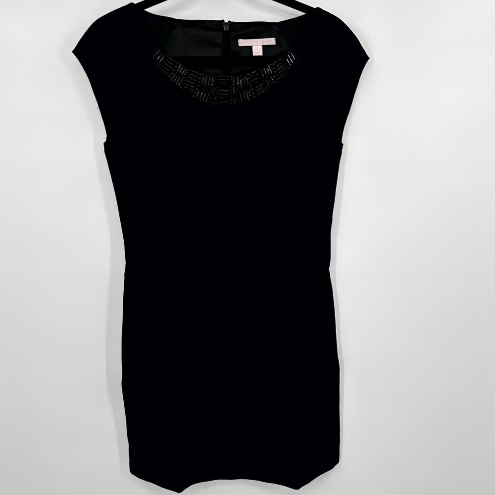 Rebecca Taylor Sheath Dress Womens 8 Black Embellished Round Neck Back Zipper